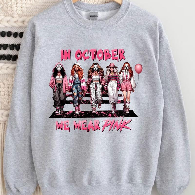 Halloween In October We Wear Pink Shirt, Halloween Horror Characters Shirt, Halloween Horror Girls Shirt, In October...