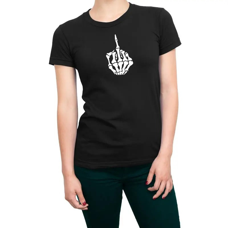 Halloween Skeleton Hand Middle Finger Women's T-Shirt Casual Comfort Cotton Crewneck Top Womenswear Hoodie, Sweatshirt