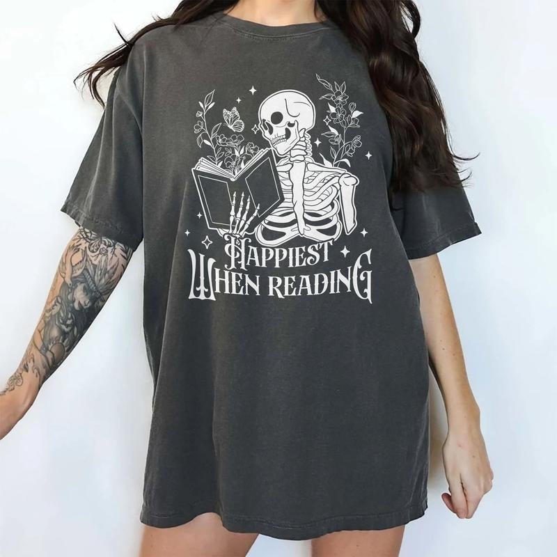 Happiest When Reading Shirt, Funny Skeleton Book Worm Tee, Book Lover Graphic Tee Women, Readers Unhinged Shirt, Comfy...