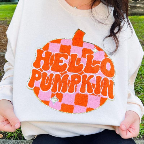 'Hello Pumpkin' Letter Patch Sweatshirt T-Shirts, Hoodie | RetroVerseTees.com