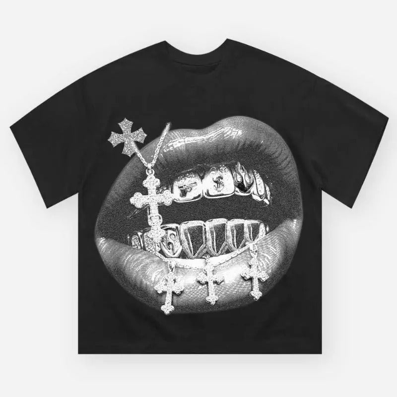 High quality Cross Vintage Grills Black Print Y2k T-shirt, Unisex Cotton Crewneck T-Shirt