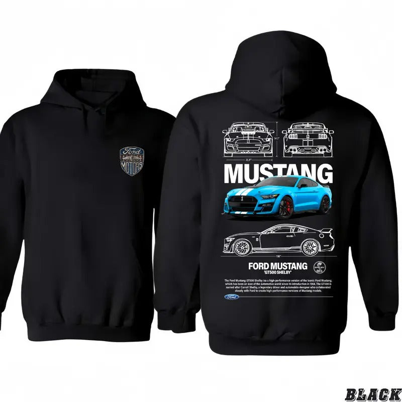 FordMustang GT500 Shelby Hoodie, 2-Side T-Shirt/Hoodie, Unisex for Man and Women, 100% Cotton, Vintage Graphic Tee,...