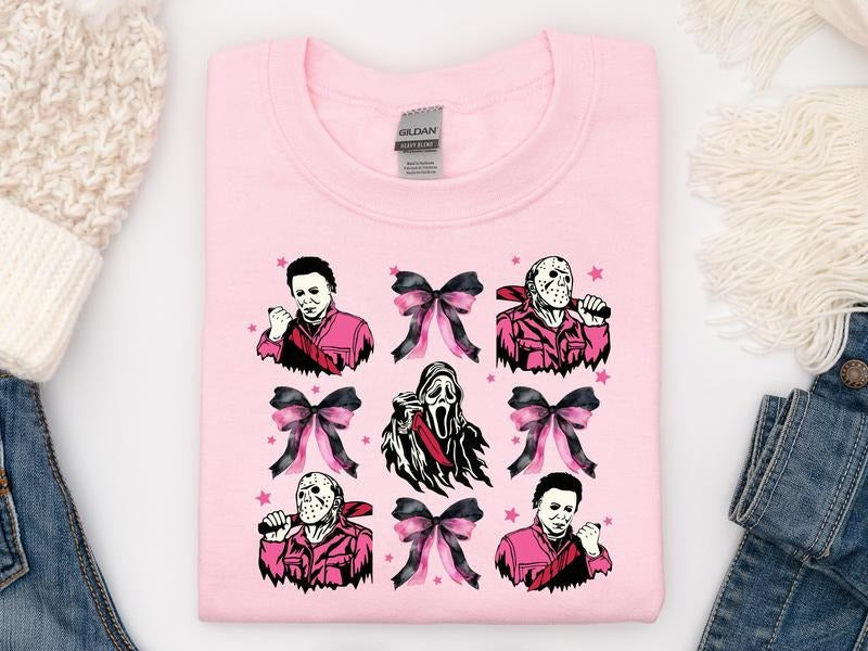 Horror Halloween Sweatshirt, Horror Coquette Pink Bows Tshirt, Halloween Coquette Bow Shirt, Retro Halloween Graphic Tee...