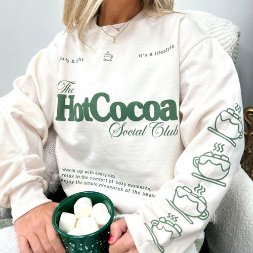 'Hot Cocoa Social Club' Crewneck Sweatshirt, Festive Holiday Vibe, Cute Sleeve Print T-Shirts, Hoodie | RetroVerseTees.com