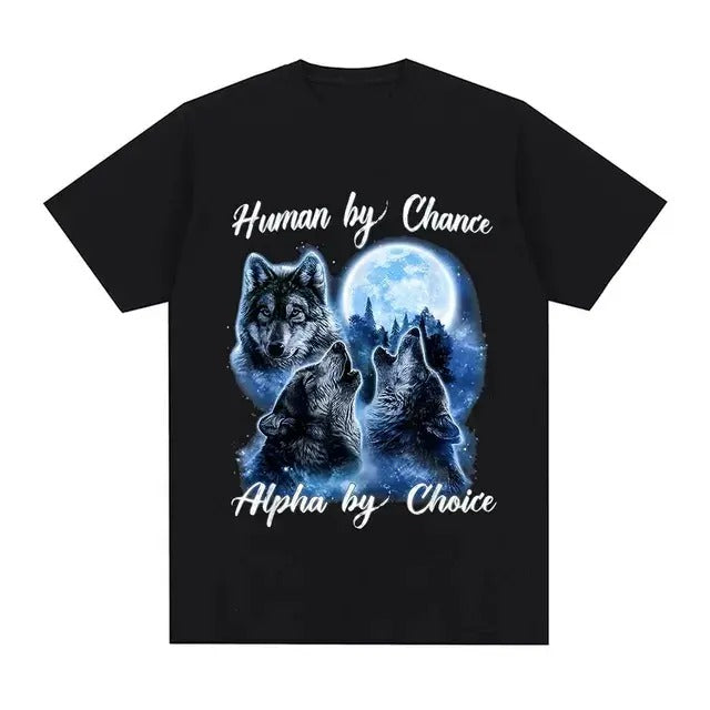 Human By Chance Alpha By Choice Wolf Graphic T-shirt, Men Fashion Hip Hop Vintage Short Sleeve T-shirts Cotton Oversized...
