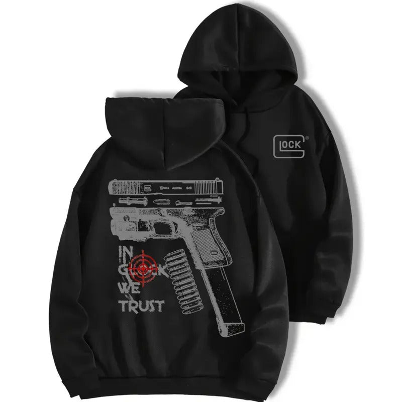 In Glock We Trust Standard size Hoodie , Black hoodie and multicolor design , For Men And Women Classic Menswear...