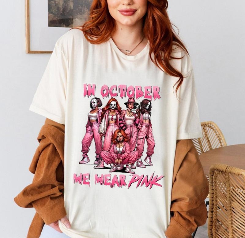 In October We Wear Pink Horror Shirt, Lady Horror Characters Sweatshirt, Halloween Movies Shirt, Spooky Season Shirt,...