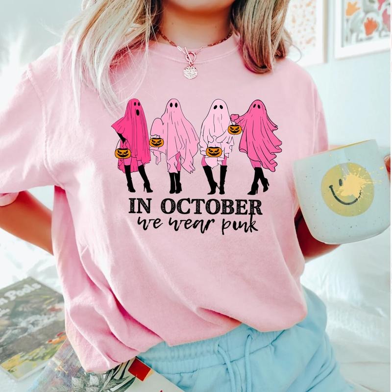 In October We Wear Pink Shirt - Breast Cancer Awareness Sweatshirt, Ghost Pink Halloween T-shirt, Spooky Fall Outfit Hoodie