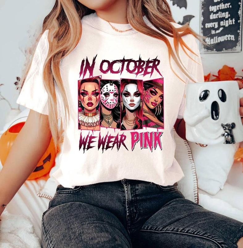 In October We Wear Pink Shirt, Halloween Movie Shirt, Pink Horror Characters, Spooky Season Shirt, Halloween Shirt,...