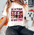 In October We Wear Pink Shirt, Halloween Movie Shirt, Pink Horror Characters, Spooky Season Shirt, Halloween Shirt,...