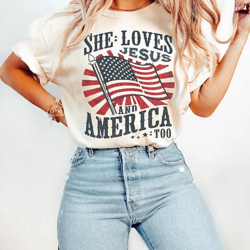"Independence Day T-Shirt, Christian Shirt, 4th of July Shirt, She Loves Jesus And America Too Shirt, America Retro...