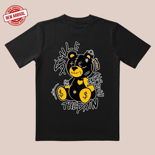 'Smile Through Pain' Tee |   Black Bear Symbol & Yellow-White Clash |   Trendy Motivational Wear for...