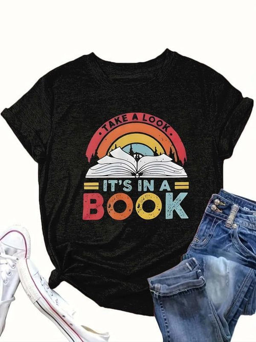 It's In A Book Shirt, Book & Letter Print Round Neck Tee, Book Sweatshirt, Women Tops for All Seasons Womenswear Hoodie