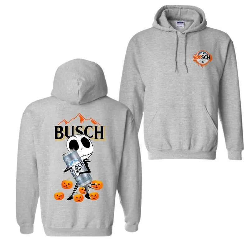 Jack Hug Busch Light Skellington Halloween Double Sided Hoodie & Crewneck, Skeleton Busch Light Hoodie , Sweatshirt Full...