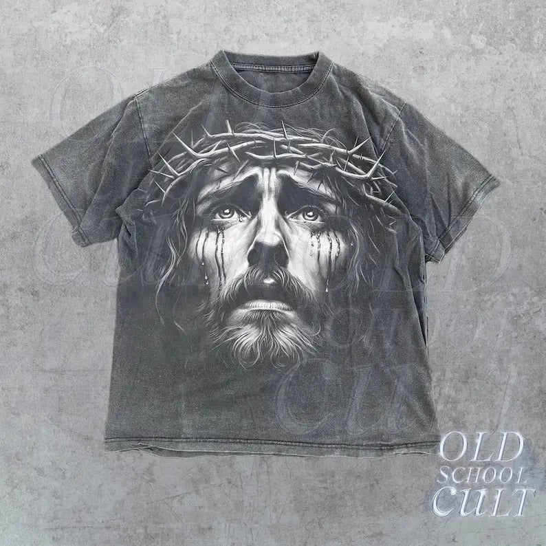 Jesus Portrait Cry Vintage 90s Graphic Shirt, Retro Faith Jesus Y2k Shirt, Christian Shirt, Retro Halftone Graphic Bible...