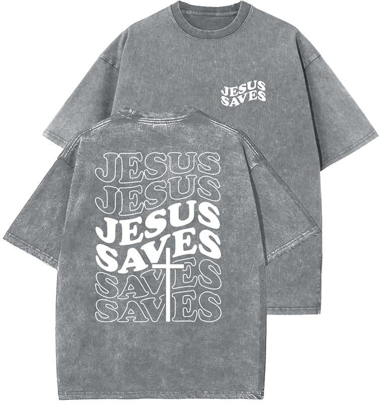 Jesus Saves Unisex Washed T-Shirt, Christian Tshirts, Vintage 90s Graphic Tee, Gift Top Womenswear Cotton Mineral Color...