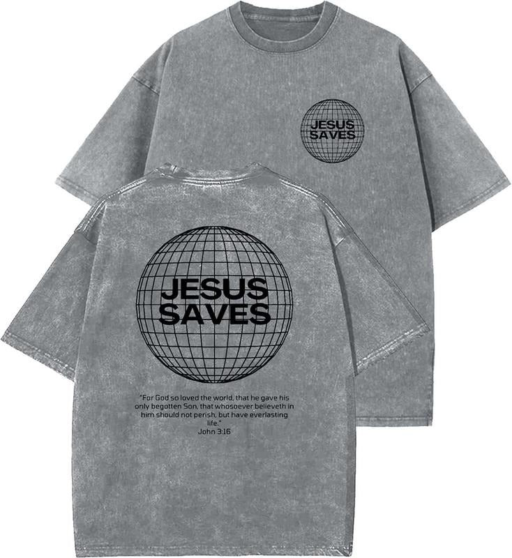 Jesus Saves Unisex Washed T-Shirt, Christian t shirts, Vintage 90s Graphic Tee, Gift Top Womenswear Cotton Mineral Color...