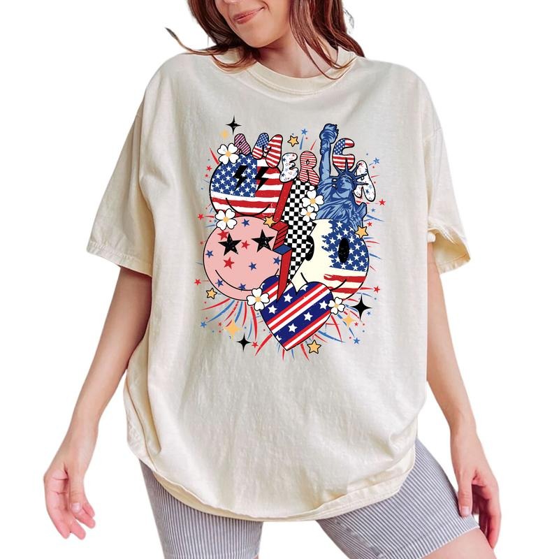 July 4th Graphic Design Tee, Retro American July Tee Women, Patriotic Unhinged Shirt, Vintage USA Flag T-shirt, Comfy...