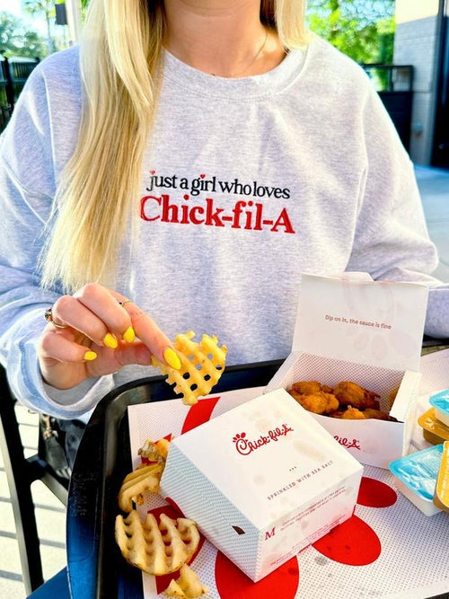 'Just A Girl Who Loves Chick-fil-A' Crewneck Sweatshirt T-Shirts, Hoodie | RetroVerseTees.com