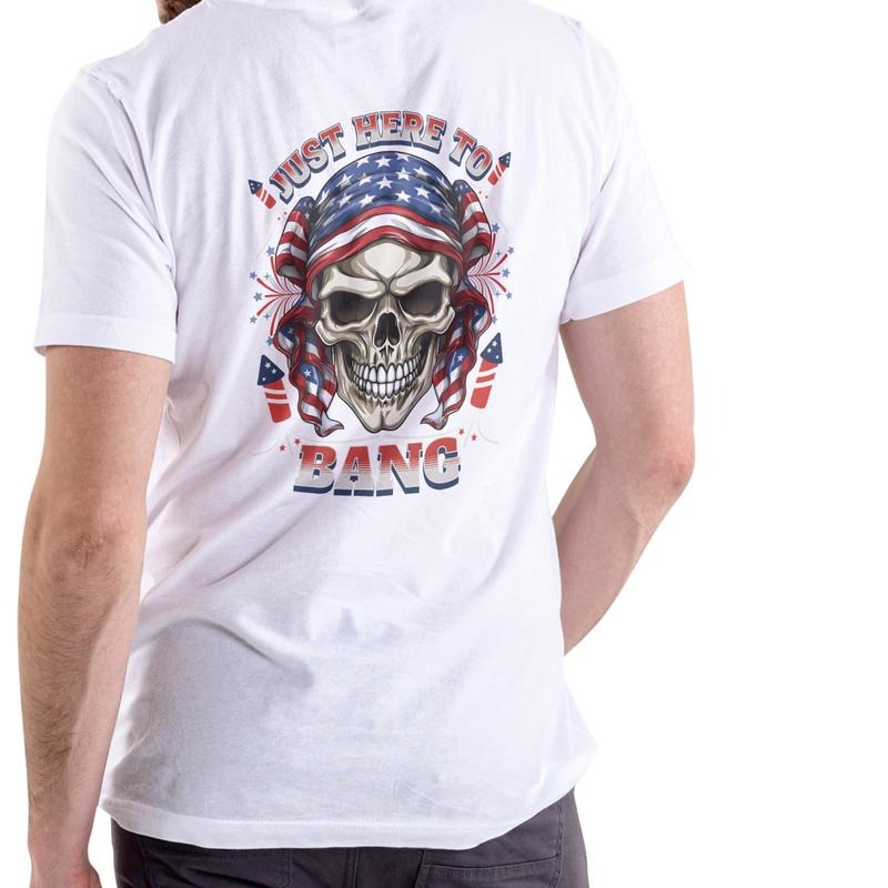 Just Here To Bang July 4th Funny T Shirt Unisex Cotton with Patriotic Skull Design Hoodie, Sweatshirt | RetroVerseTees.com