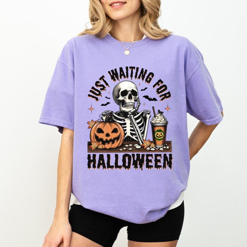 Just Waiting for Halloween Comfort Colors Shirt, Funny Skeleton Halloween Graphic Tee, Vintage Skeleton Unhinged Shirt,...