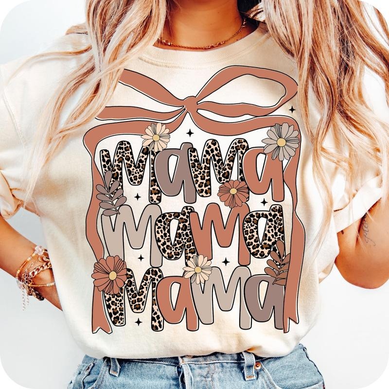 Leopard Mama Flower Coquette T-Shirt, Retro Mama T-Shirt, Boho Floral Mama T-Shirt, Mama Shirt T-Shirt, Mother's Day...