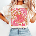 Leopard Pink Coquette Pumpkin with Flowers Shirt, Fall Pumpkin Sweatshirt, Retro Fall Unisex Cotton Shirt, Leopard...