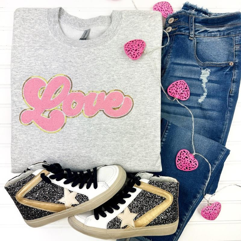 Light Pink Chenille Love Patch Sweatshirt -- ASH GREY T-Shirts, Hoodie | RetroVerseTees.com