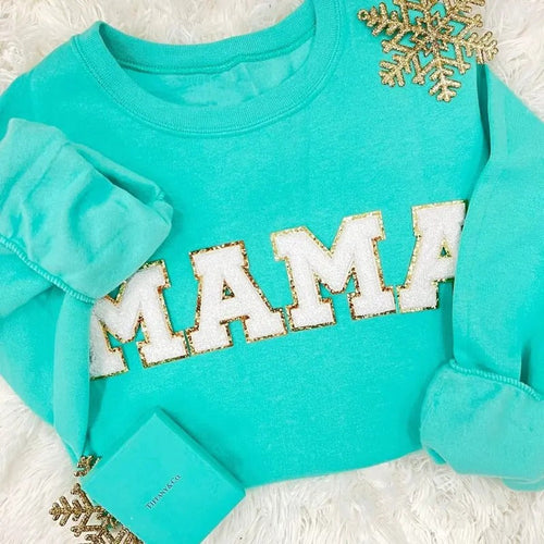'Mama' Chenille Letter Patch Crewneck T-Shirts, Hoodie, Sweatshirt | RetroVerseTees.com
