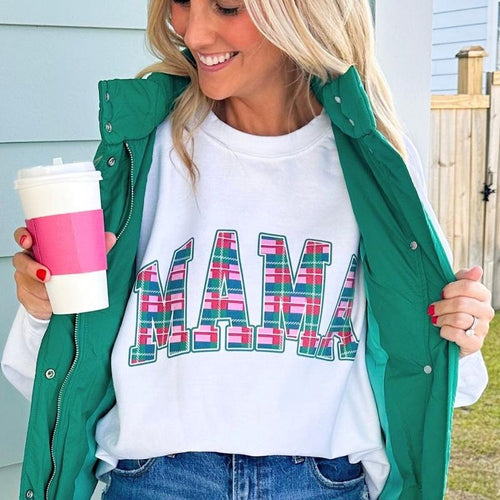 'Mama Christmas Plaid' Crewneck, Mom's Holiday Go-To Sweatshirt T-Shirts, Hoodie | RetroVerseTees.com