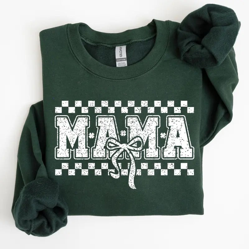 Mama, Checkered, Bow, Coquette, Lucky, Shamrock, Lucky Charm, Irish, Retro, St Patrick's Day Sweatshirt, Crew Neck,...