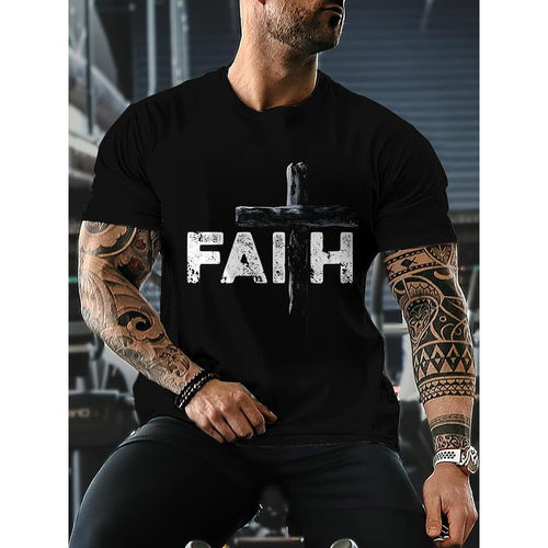 Men's 'FAITH' & Cross Print T-shirt, Casual Stylish Short Sleeve Crew Neck Tee As Gift Made in USA Hoodie, Sweatshirt