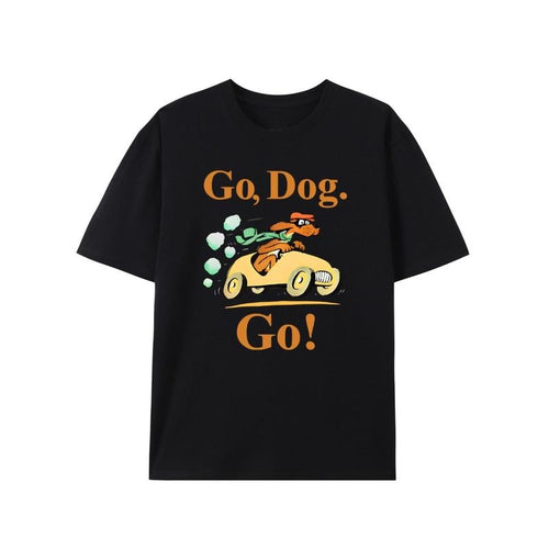 Men's "Go Dog Go" Graphic Tee - 100% Cotton, Short Sleeve, Crew Neck in Black with Colorful Cartoon Dog Design