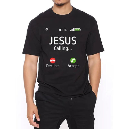 Men's "Jesus Is Calling" Graphic T-Shirt - Black Faith-Inspired Summer Tee with Bold Red Print, Casual Round Neck,...
