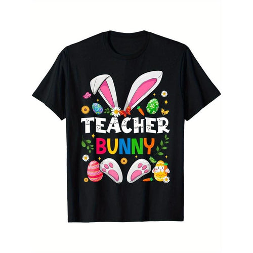 Men's "Teacher Bunny" Easter T-Shirt - Soft 100% Cotton, Comfortable Crew Neck, Vintage Fashion with Colorful Spring Design