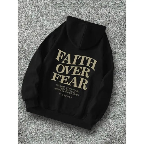 Men's "faith Over Fear" Slogan Print Drawstring Hoodie, Street Casual Regular Fit Long Sleeve Pocket Hooded Sweatshirt...