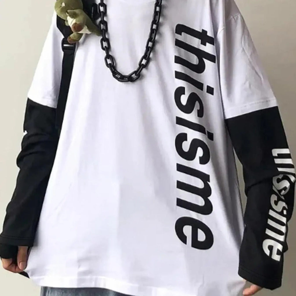 Men's 2 in 1 Colorblock & Letter Print Drop Shoulder Tee, Casual Regular Fit Long Sleeve Round Neck T-shirt for Daily...