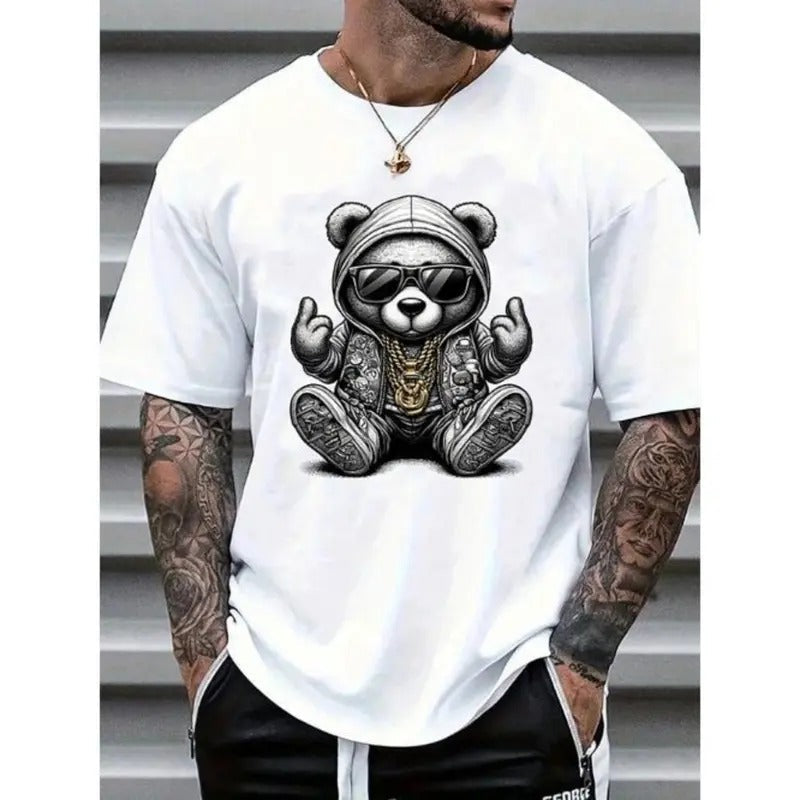 Men's Casual Cartoon Bear Print Round Neck Short Sleeve T-Shirt, Summer Made In USA Hoodie, Sweatshirt | RetroVerseTees.com