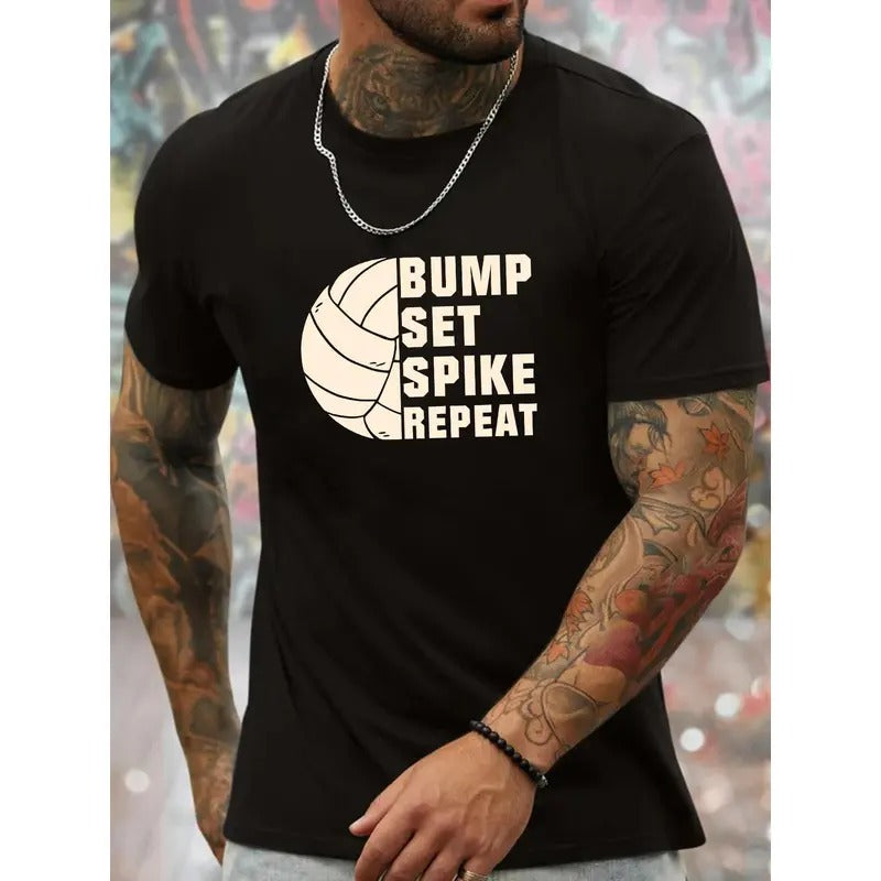 Men's Volleyball Graphic T-Shirt - 100% Polyester Casual Crew Neck Tee with Bump Set Spike Repeat Print