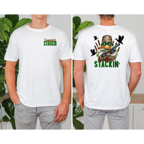 Mens "Quackin & Stackin" duck hunter T-Shirt. Fabric Menswear Hoodie, Sweatshirt | RetroVerseTees.com