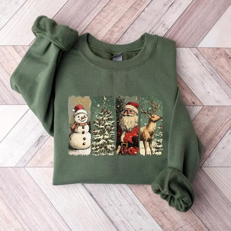 Merry Christmas Sweatshirt, Santa Snowman Reindeer Crewneck, Christmas Tree Cotton Womenswear T-Shirts, Hoodie