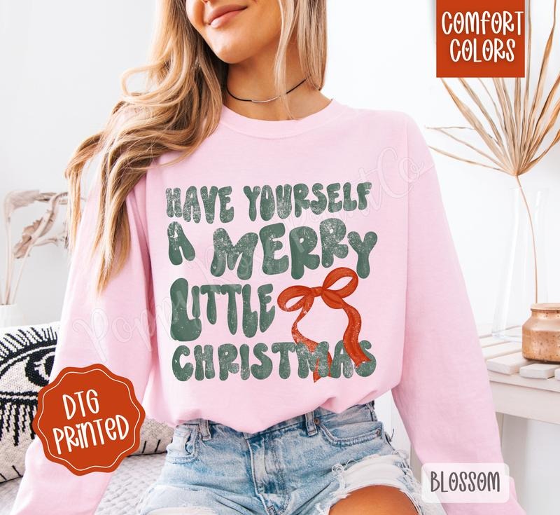 Merry Little Christmas Comfort Colors Long Sleeve T-Shirt, Cute Women's Holiday Tee Hoodie, Sweatshirt | RetroVerseTees.com