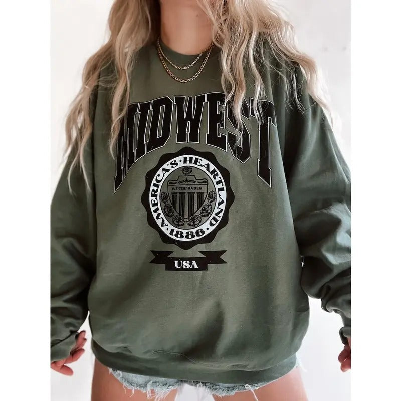 Midwest Sweatshirt, Trendy Collegiate Vintage Style Crewneck, Aesthetic Y2K Sporty Sweatshirt T-Shirts, Hoodie