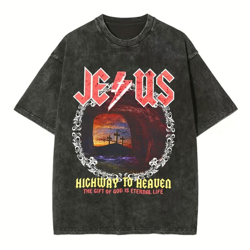 [ Mineral Wash ] Jesus Highway To Heaven Chirstian Washed TShirt Jesus Graphic Washed Style Shirt Hoodie, Sweatshirt