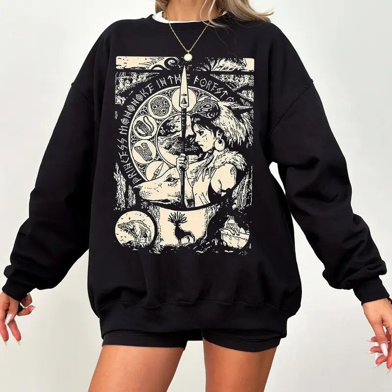 Mononoke Vintage Princess Washed Acid Sweatshirt Y2K Studio Ghibli Anime T-Shirt Spirited Away Oversized Crewneck Long...