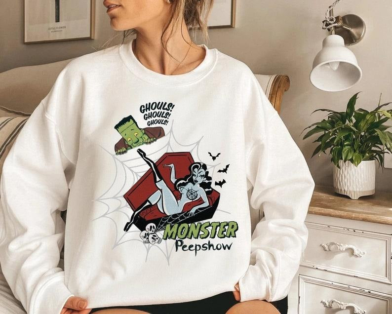 Monster Peepshow Trendy Top, sweatshirt best selling 2024, Vintage Halloween sweatshirt, Halloween Monsters sweatshirt,...