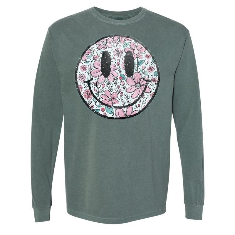 Muted Florals Happy Face LONG SLEEVE Comfort Colors T-Shirt 'NLB' Hoodie, Sweatshirt | RetroVerseTees.com