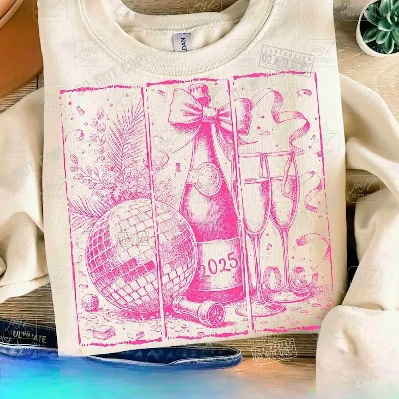 New Years Sweatshirt, Disco Ball Champagne Coquette New Years Eve 2025 Holiday season Shirt, Trendy Distressed Retro New...