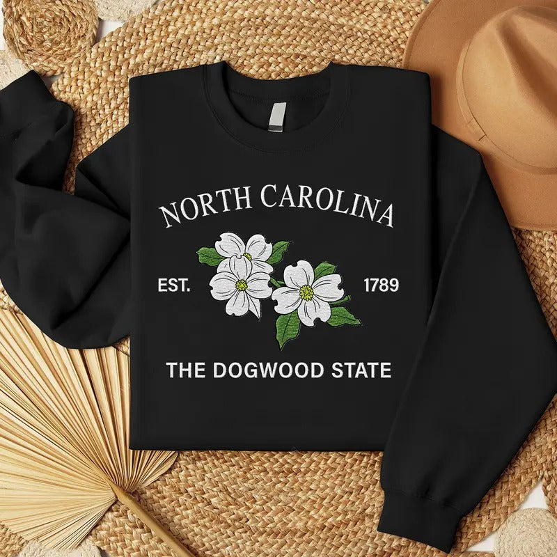 North Carolina Dogwood Embroidered State Flower Sweatshirt, Hometown Embroidered Shirt, Favorite Flower Embroidered Shirt...
