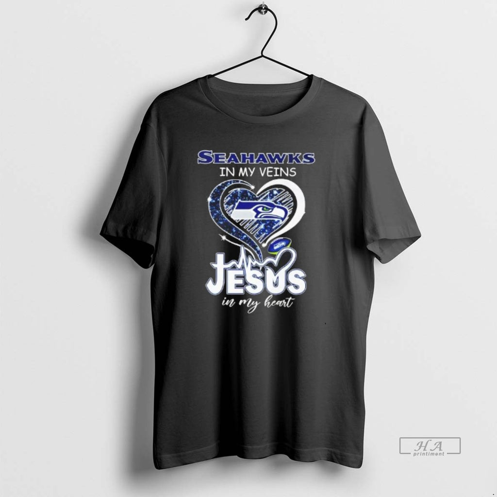 Official Seahawks In My Veins Jesus In My Heart Diamond Heart T-Shirts, Hoodie, Sweatshirt | RetroVerseTees.com